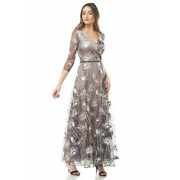 JS Collections Surplice Embroidered Gown dress Size 10 in Black nude - Picture 1 of 7